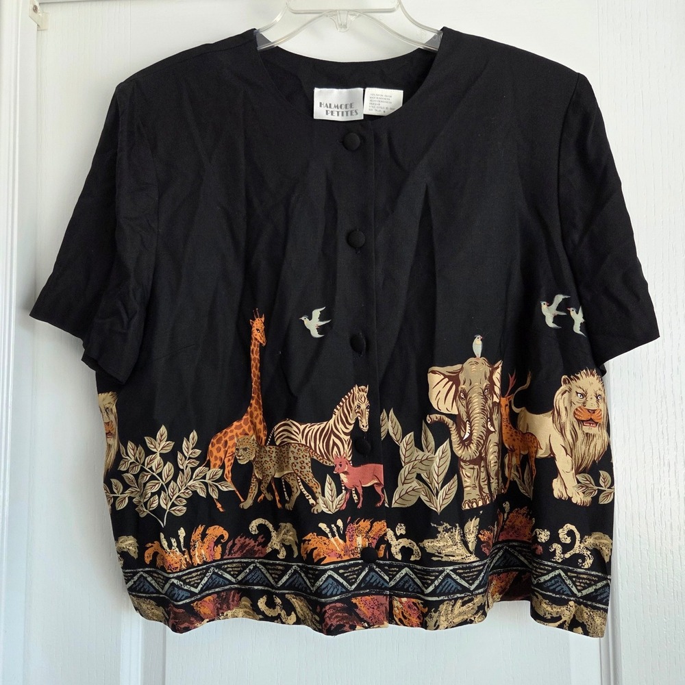 Halmode Petites Vntg Black Safari Animal Print Button Short Sleeve Blouse Sz 16P